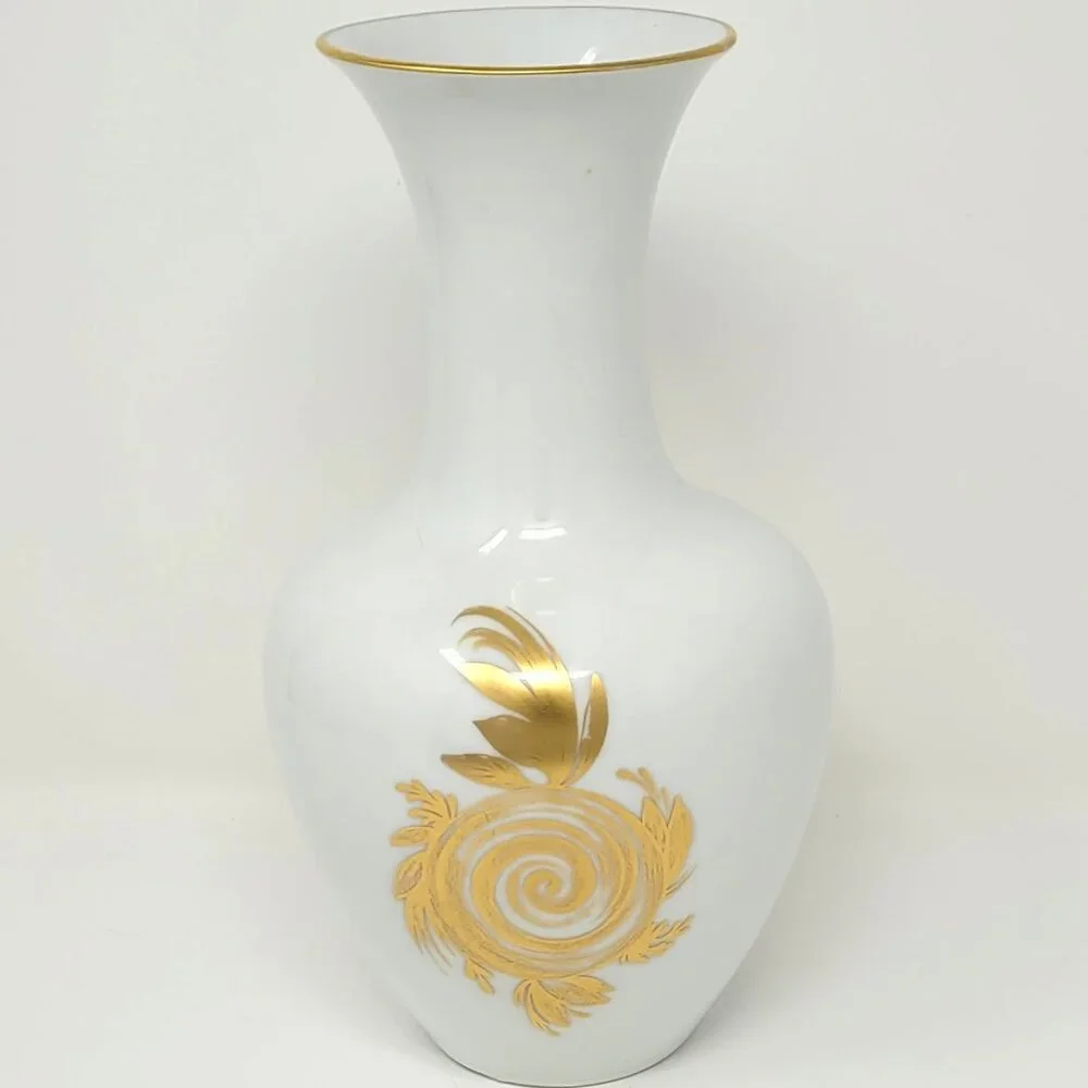 Vintage 1960s Hutschenreuther Germany White Gold Motif & Rim Vase Backstamp 10
